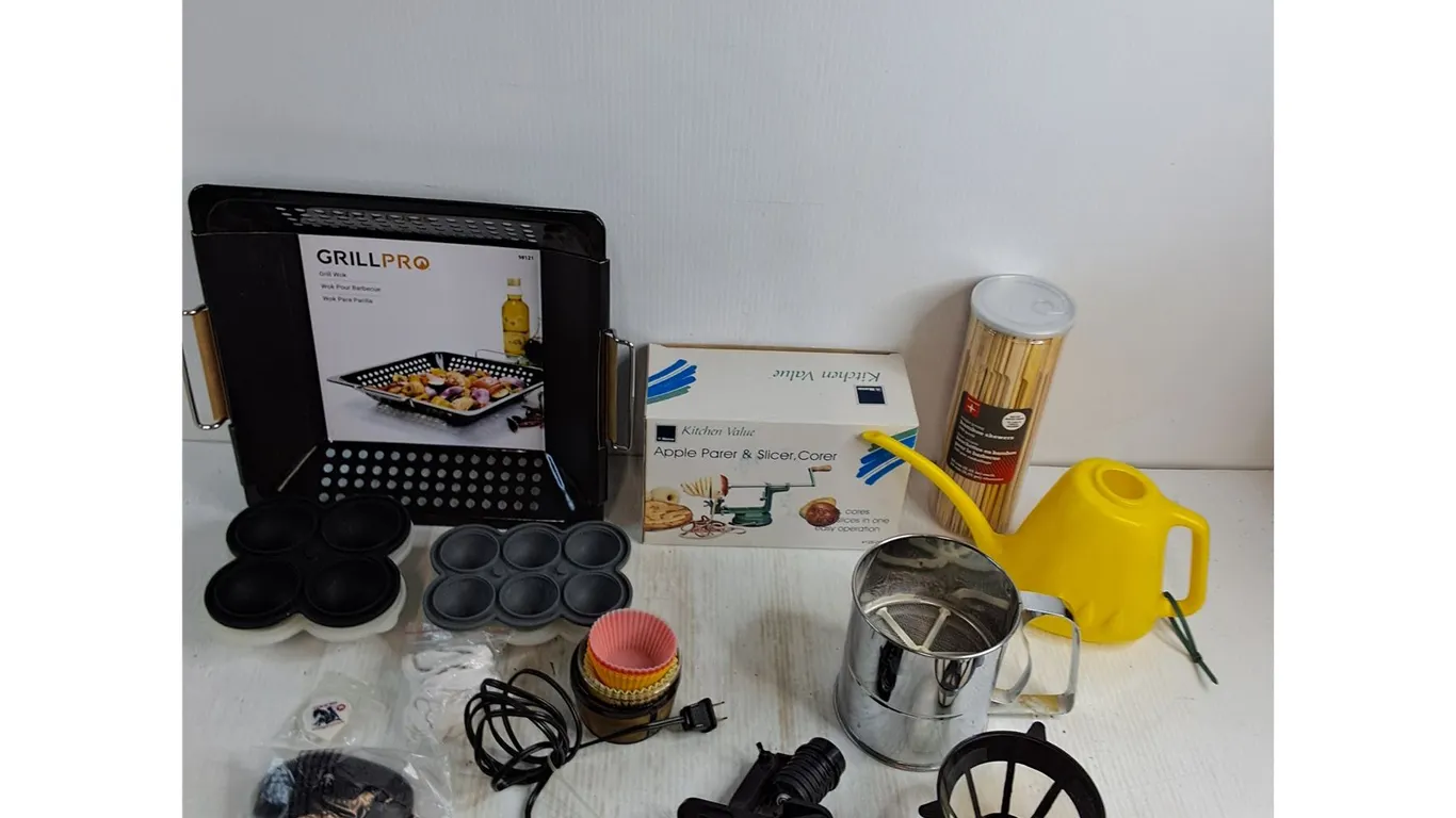 New Grill Wok & Apple Parer, Bamboo Skewers, Bake Trays, Clamp Lamp, Sifter, Water Can, Misc.