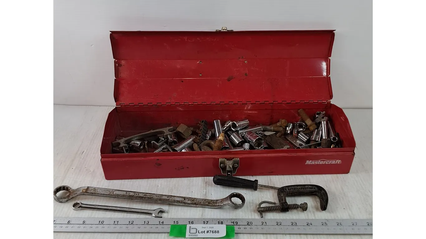Red Toolbox Cant Close with Combination Wrench, Socket Wrench, C-Clamp, Assorted Nuts, Sockets, Misc