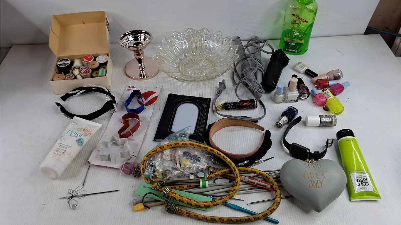 Glass Bowl, Assorted Sewing Supplies, Nail Polish, Cookie Cutters, Hair Trimmer & Straightener, Misc
