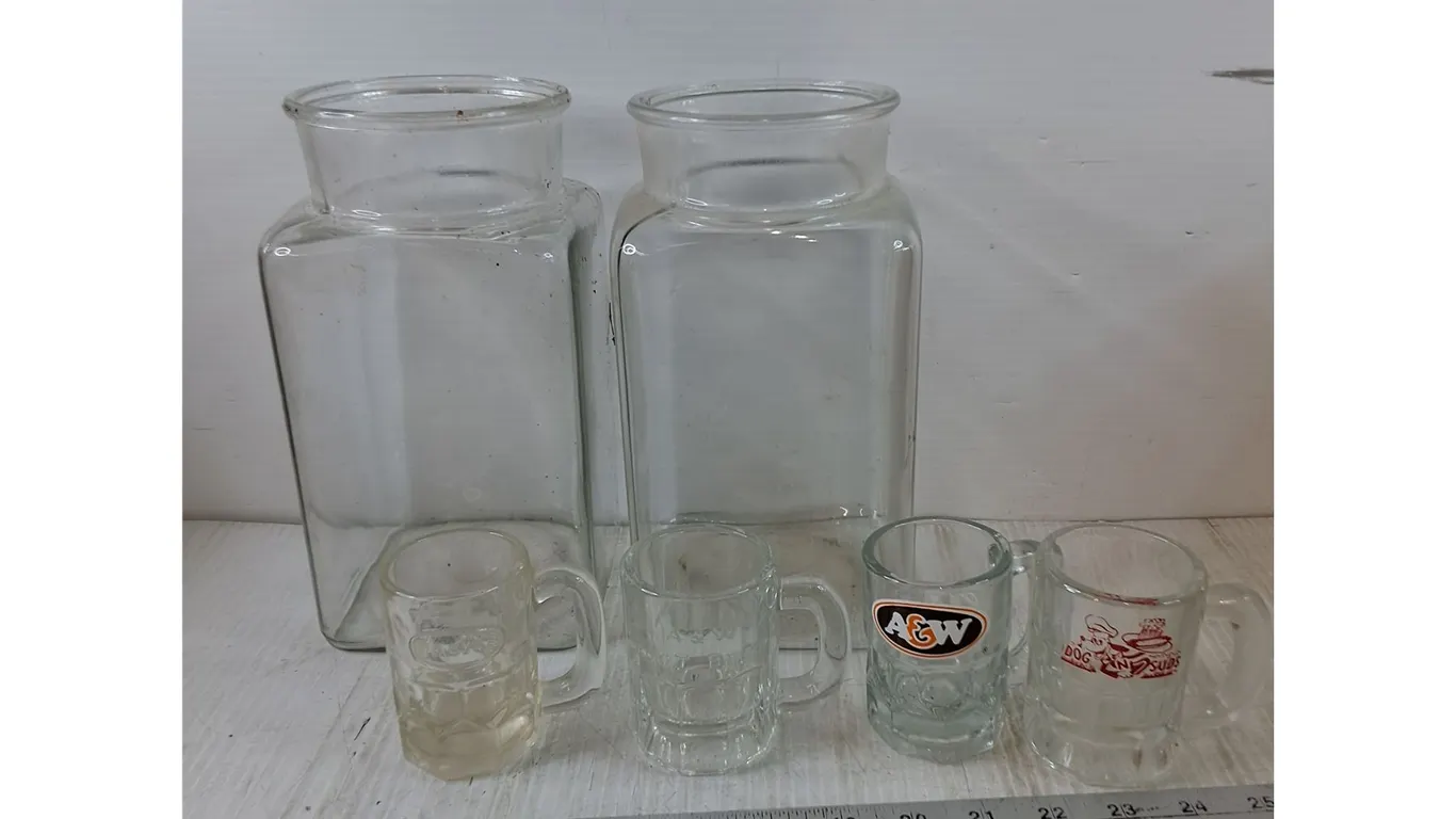 (2) Large Glass Jugs, (4) Small Glass Mugs
