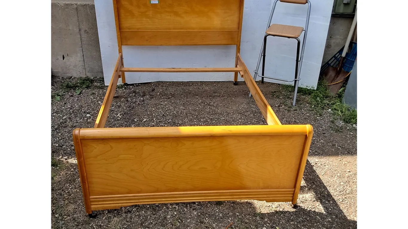 **Wood Bed Frame on Wheels Approx. 48" x 75" x 40" & Bar Chair 39" Tall- Can't Ship