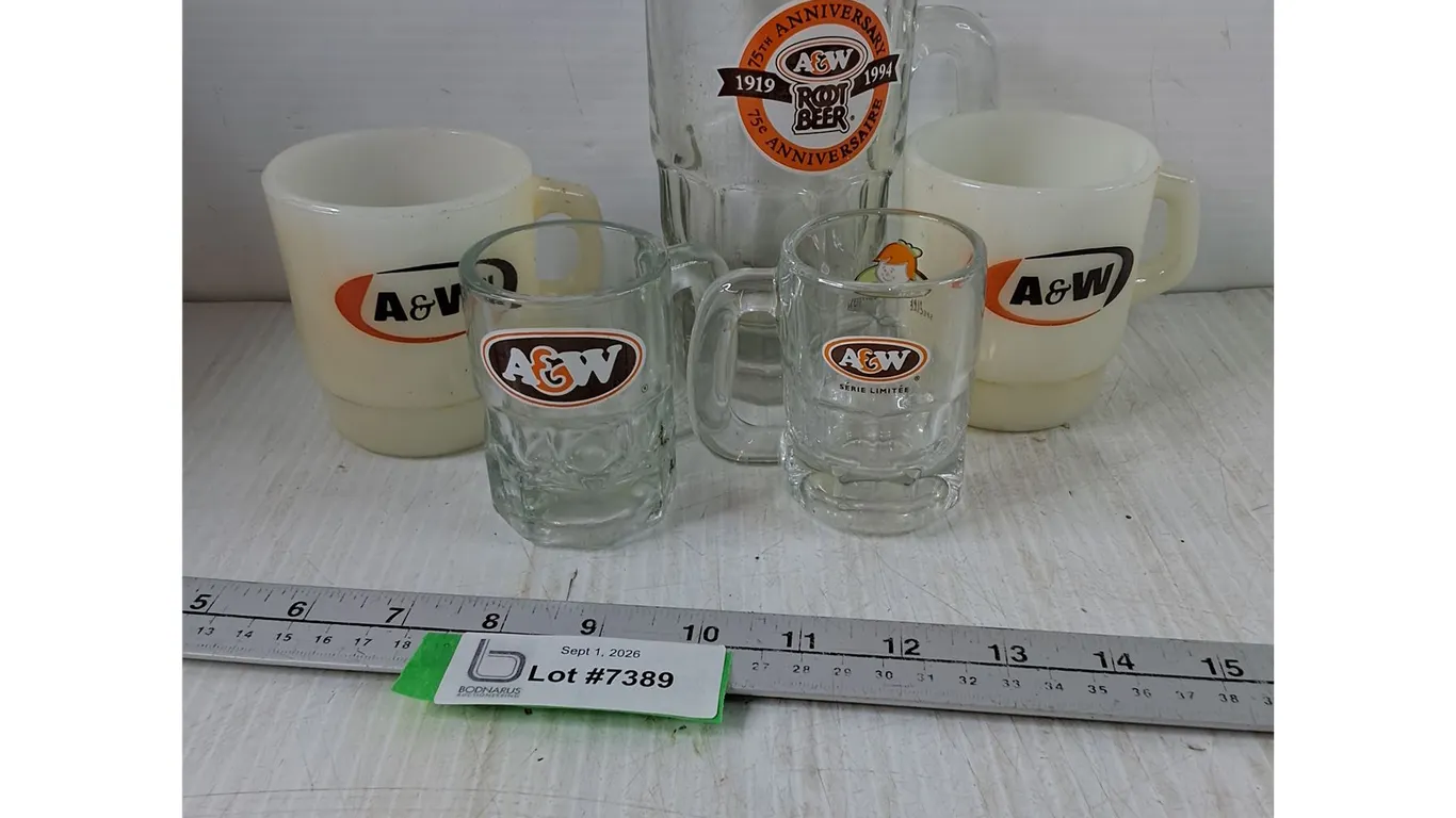 (2) A&W Coffee Cups, (2) Small A&W Mugs, (1) Large A&W Mug