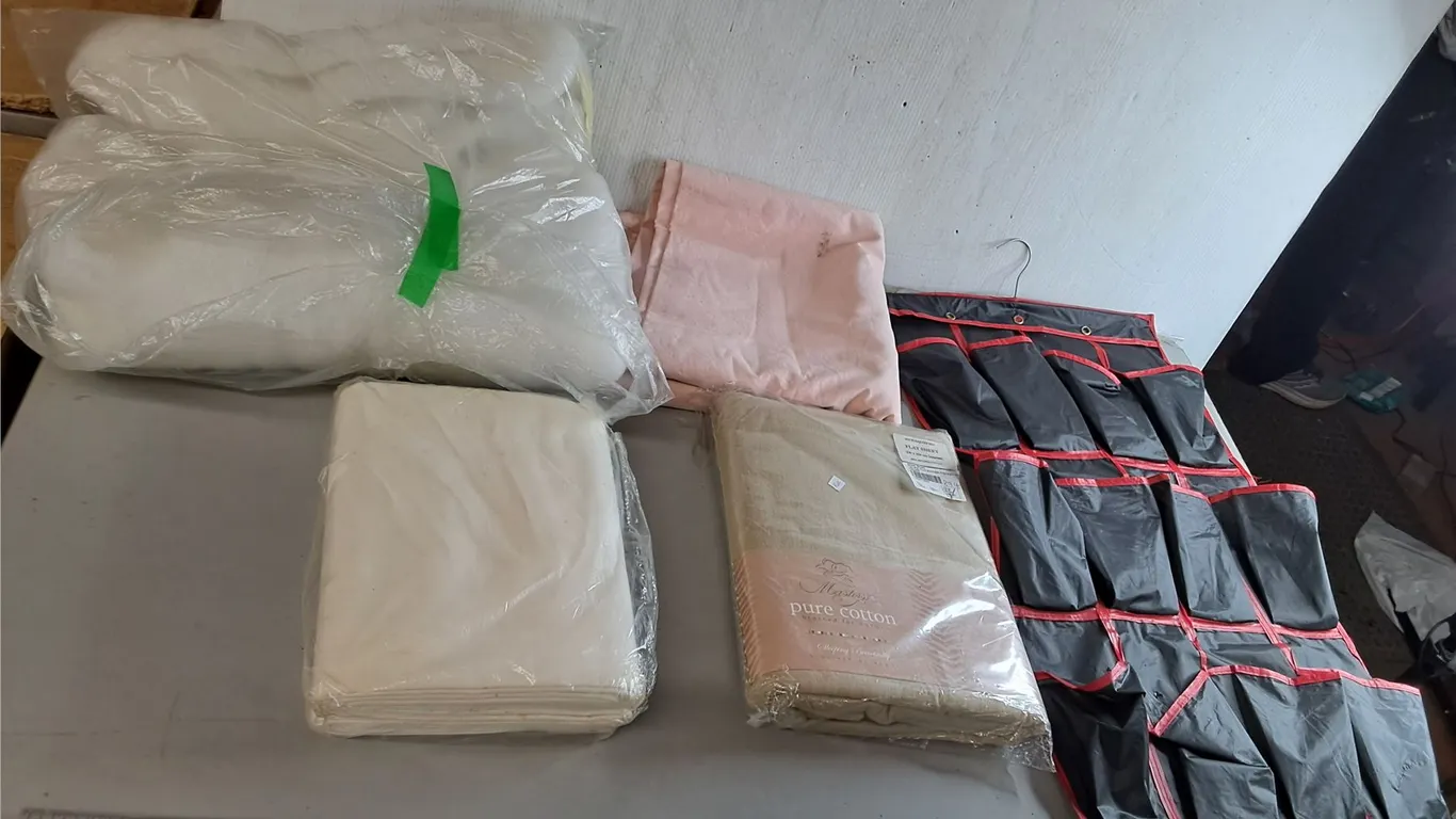 Hanging Storage Divider, (3) Bed Sheets- Approx. Double, Roll of Fiberfill, Misc.