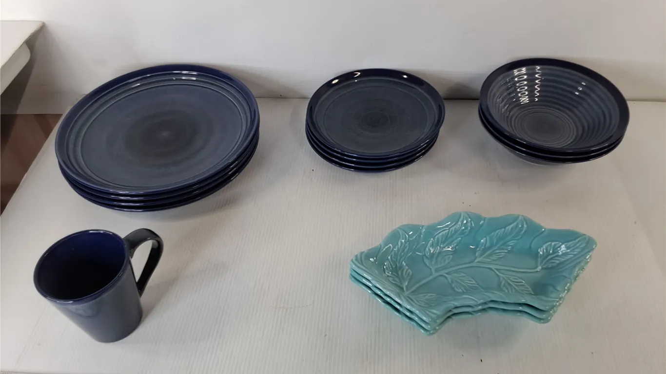 Ceramic Leaf Trays 11.5" & Blue Glaze Dish Set