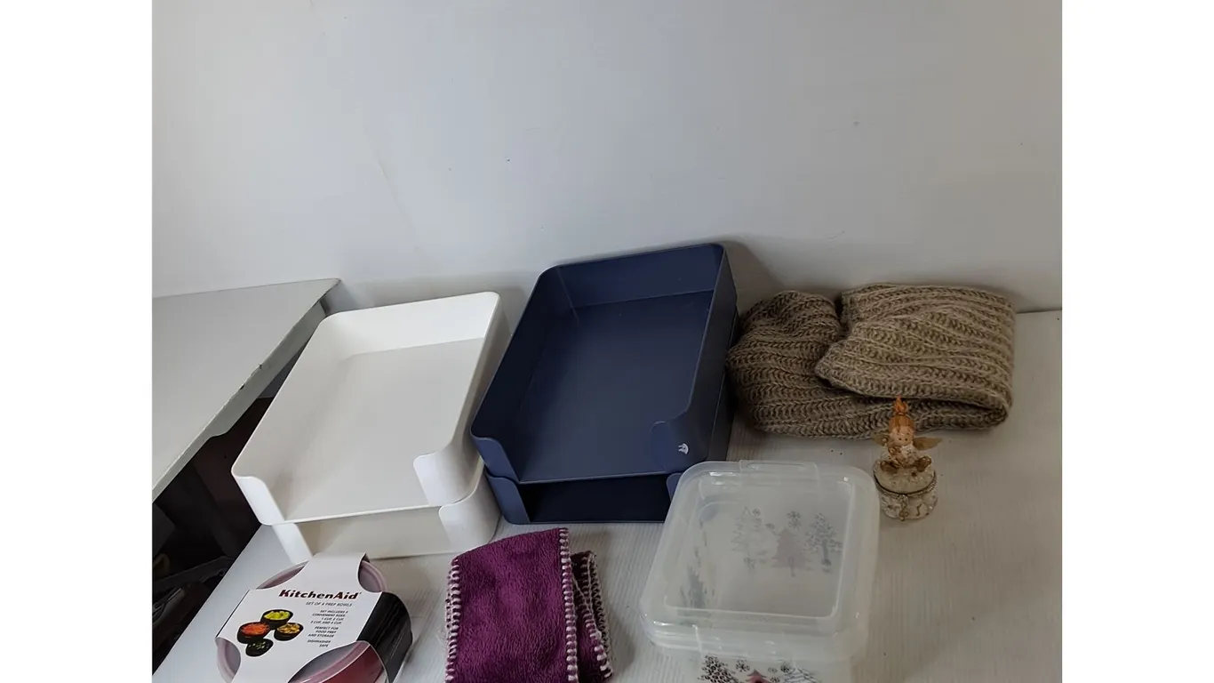 (4) Paper Trays, KitchenAid Bowl Set, Angel Trinket Box, Misc.