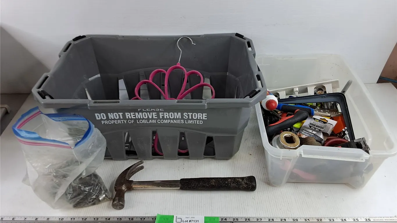 Shopping Basket, Sockets, Hammer, Shelf Brackets, Measuring Tape, Vise Grips, Misc