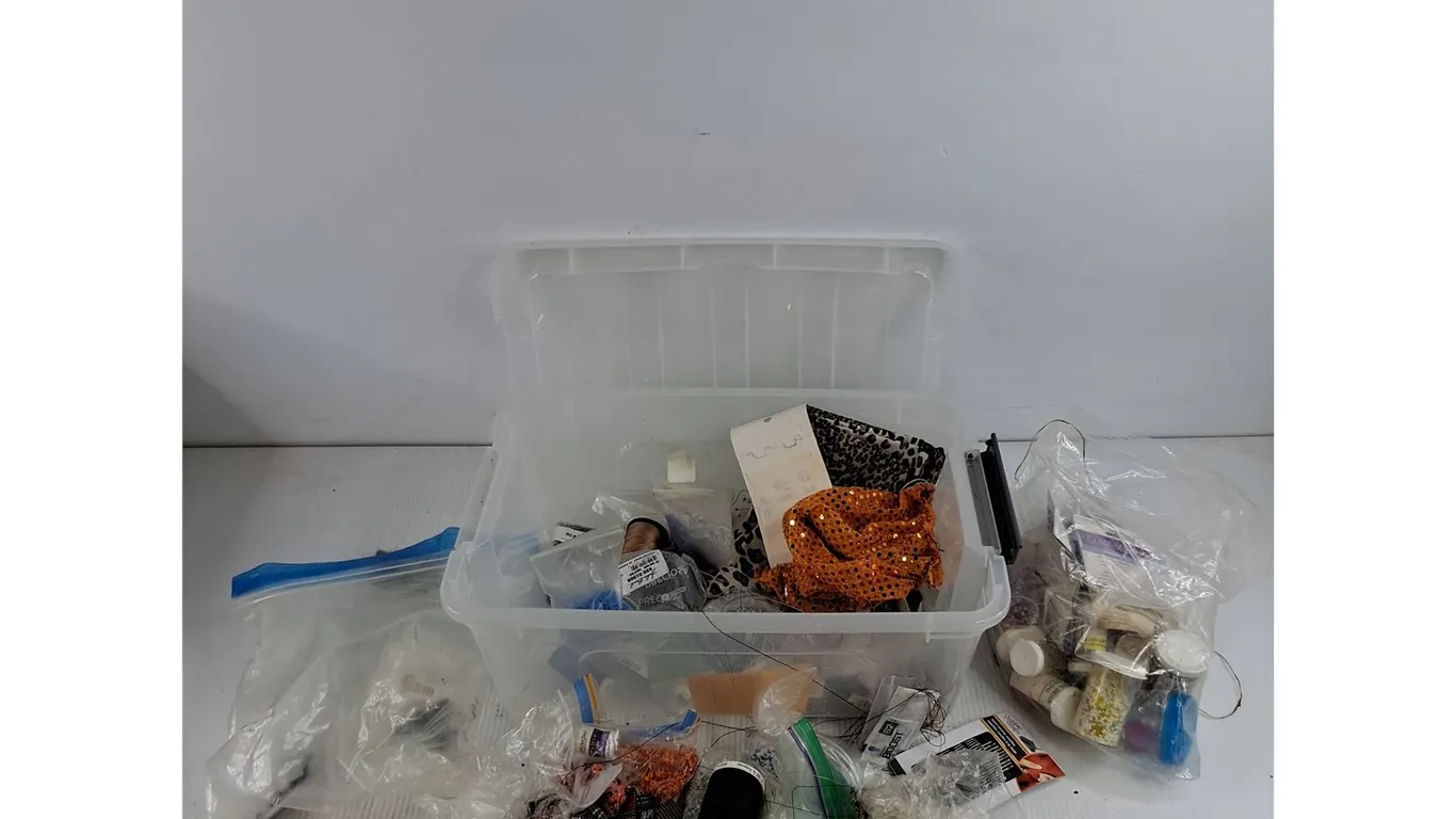 Assorted Craft Supplies, Beads, Plastic Container