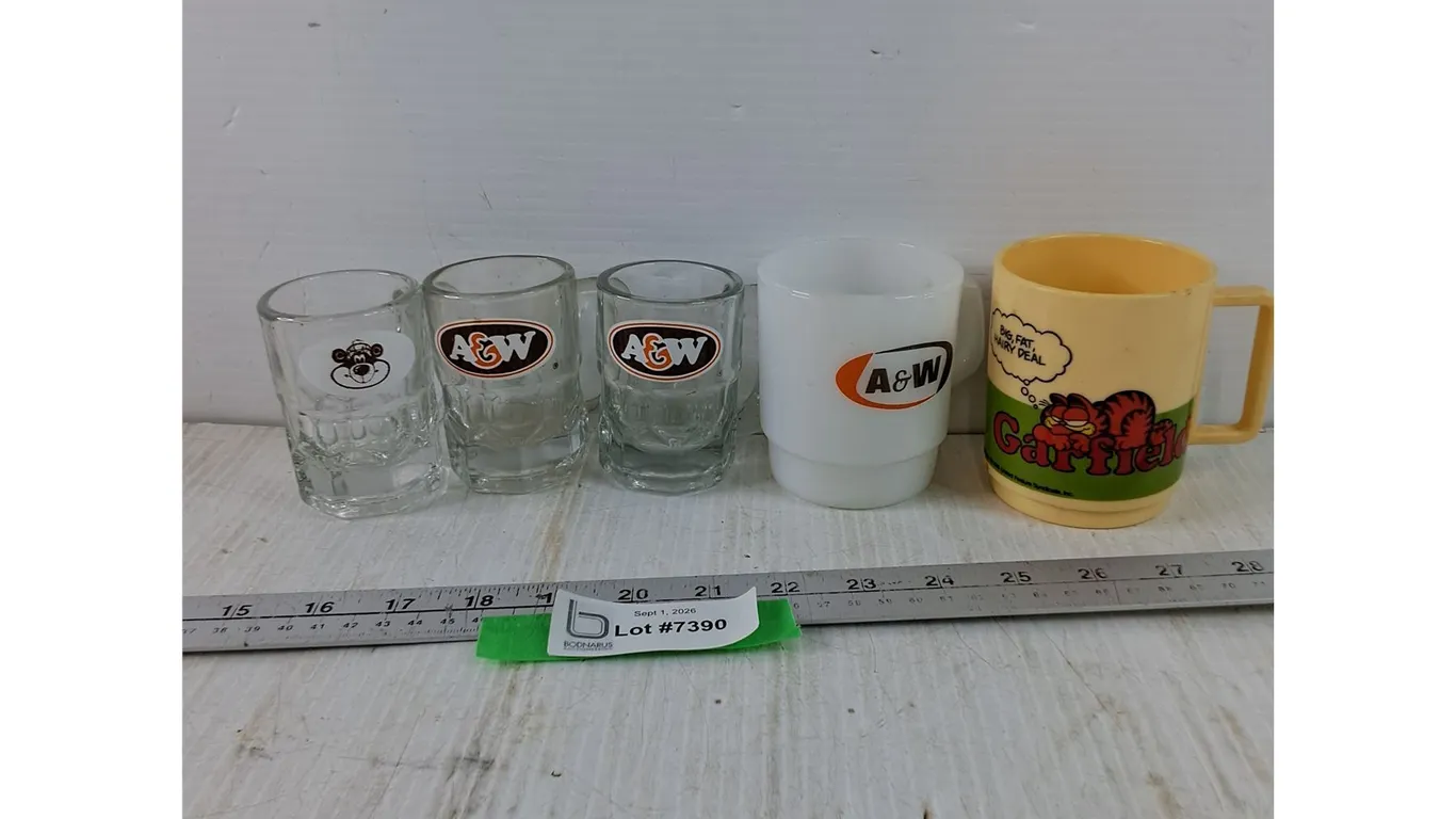 (1) A&W Coffee Cup, (2) Small A&W Mugs, (1) Garfield Plastic Mug
