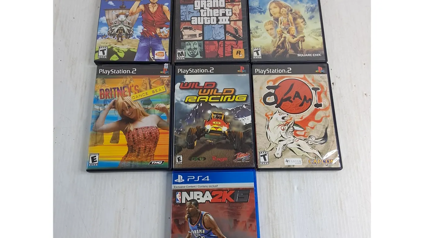 (7) PS2/4 Video Games - Britney's Dance Beat, Grand Theft Auto 3, NBA 2K 15
