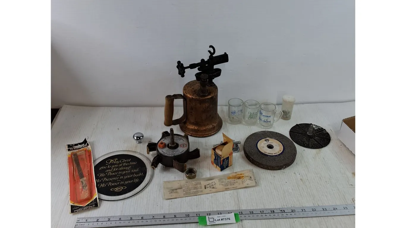 (3) Small Mugs, Grinding Wheel, Flaps Wheel, Blowtorch Untested, Small Bandage, Misc