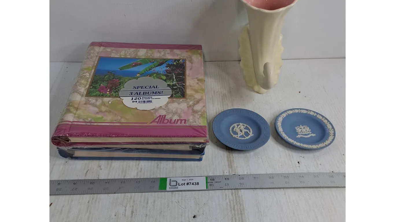 Sealed Package of 3 Photo Albums,Cornucopia Vase,(2) Wedgewood Trinket Dishes