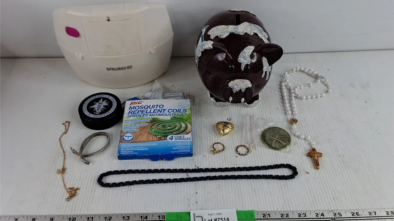Coin Piggy Bank,Necklaces, Bracelet, Saskatchewan Token, Mosquito Coils, Hockey Puck, Misc