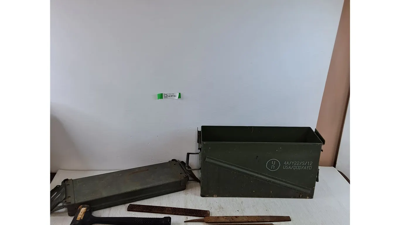 Metal Military Crate Ammunition Box, Dead Blow Hammer, Rasp, Files, Misc