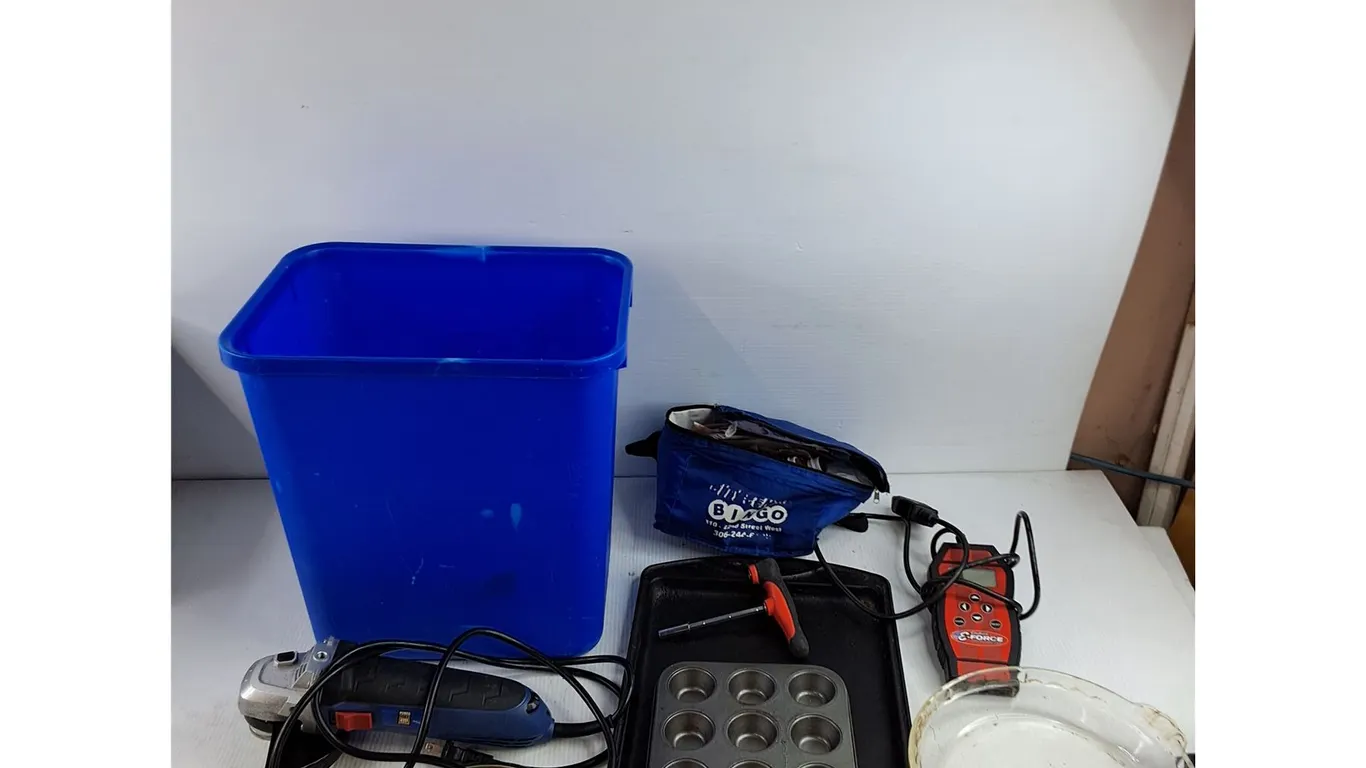 Power Fist Angle Grinder, OBD2 Scanner - Powers On, As Is, Garbage Bin, Baking Trays, Pie Dish, Misc