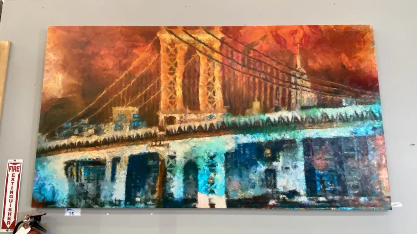 LARGE OIL ON CANVAS TRANSFER PRINT "CITY BRIDGE SCENE" - APPROX. 88" X 48"