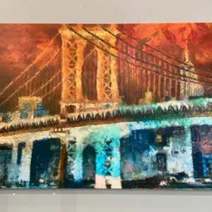 LARGE OIL ON CANVAS TRANSFER PRINT "CITY BRIDGE SCENE" - APPROX. 88" X 48"