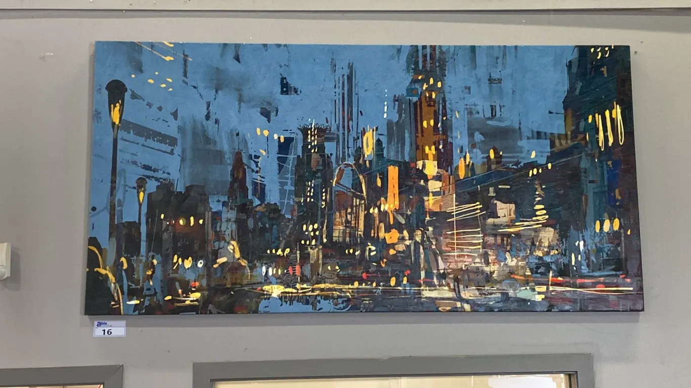 LARGE OIL ON CANVAS TRANSFER PRINT "CITY SCAPE SCENE" - APPROX. 72" X 36"