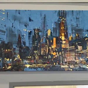 LARGE OIL ON CANVAS TRANSFER PRINT "CITY SCAPE SCENE" - APPROX. 72" X 36"