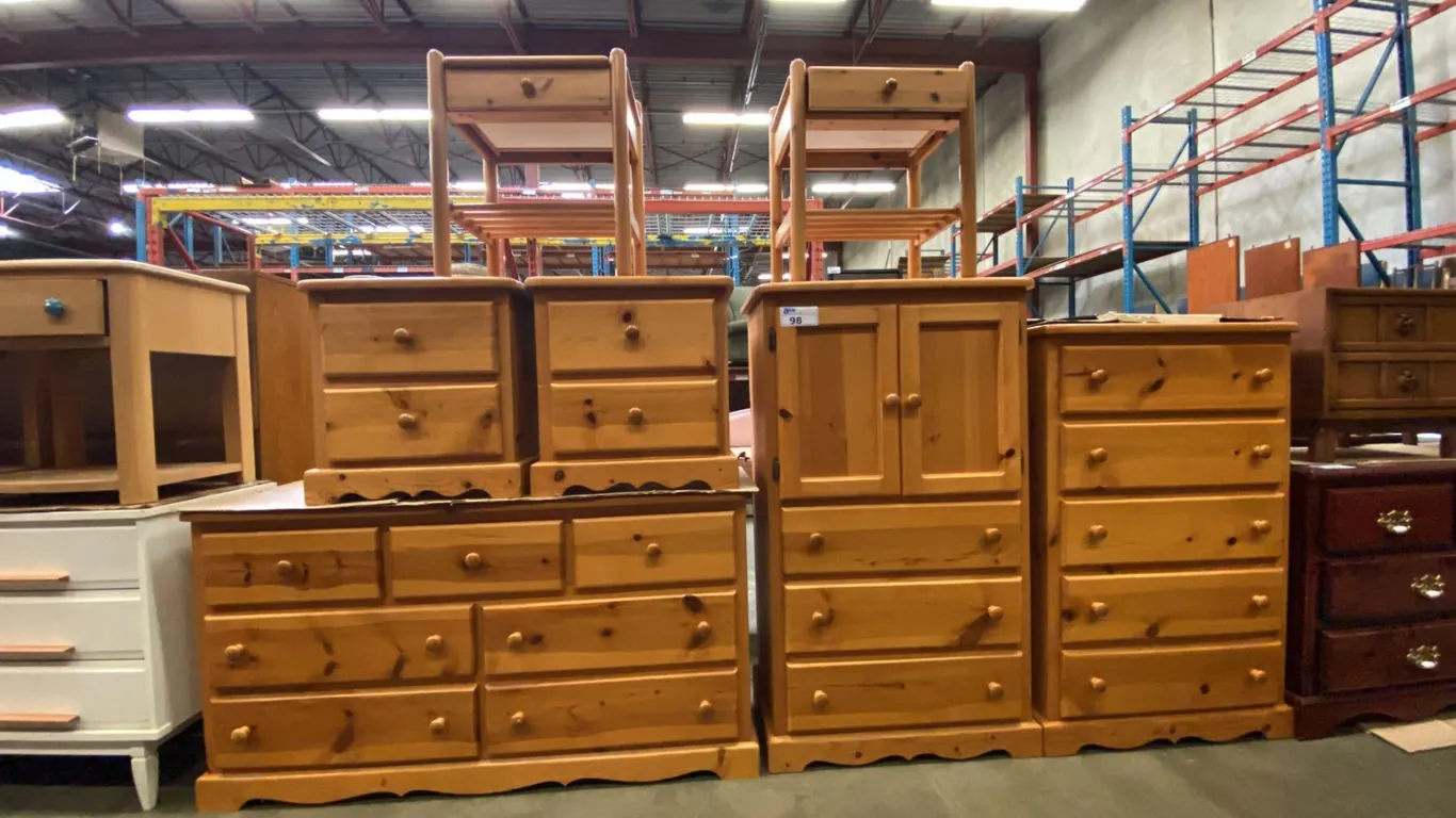 7 PCS. NATURAL PINE BEDROOM SET - 7 DRAWER DRESSER, 5 DRAWER DRESSER, 3 DRAWER WARDROBE