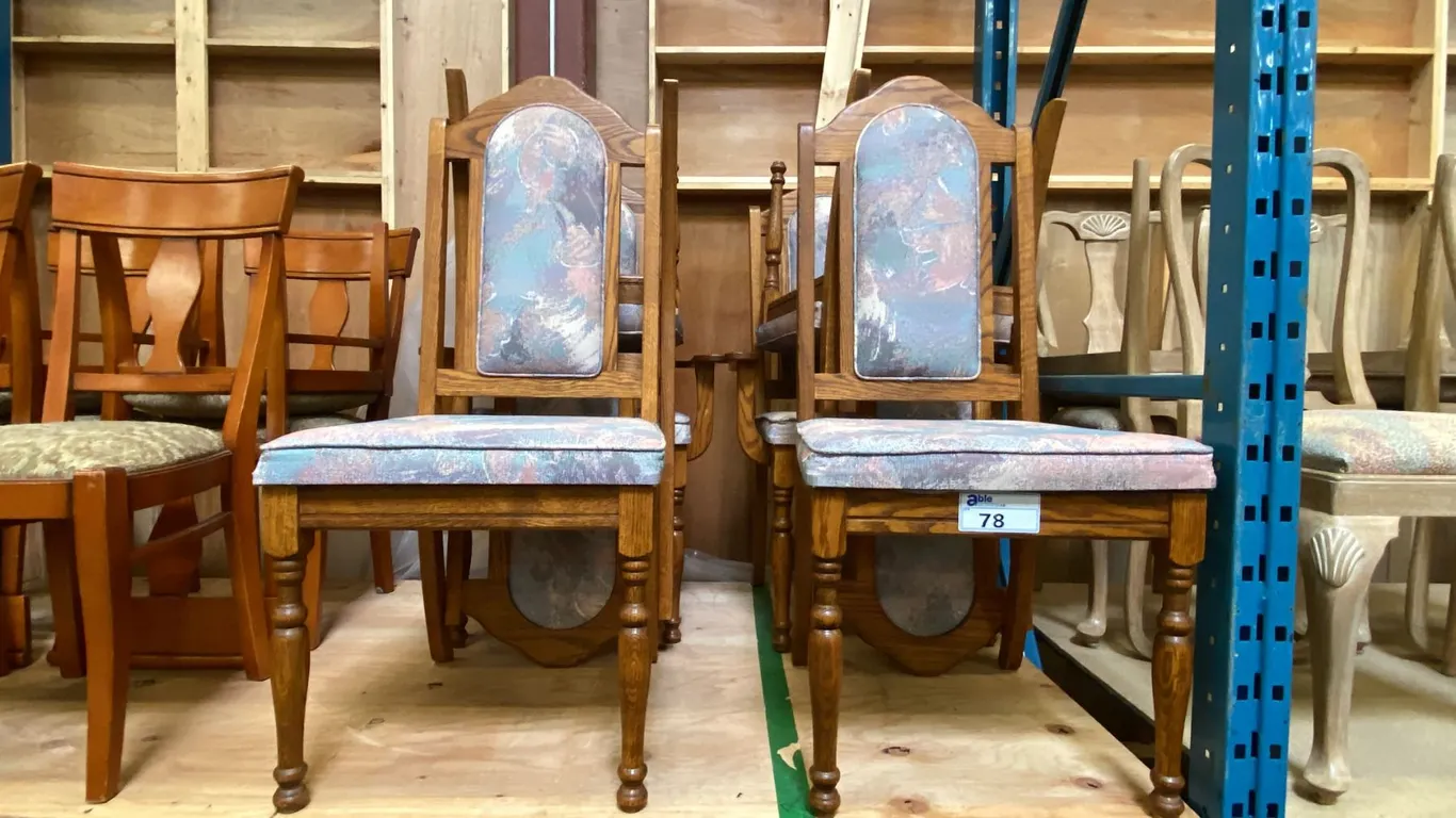 SET OF 6 MULTI COLOUR PASTEL FABRIC UPHOLSTERED OAK DINING CHAIRS
