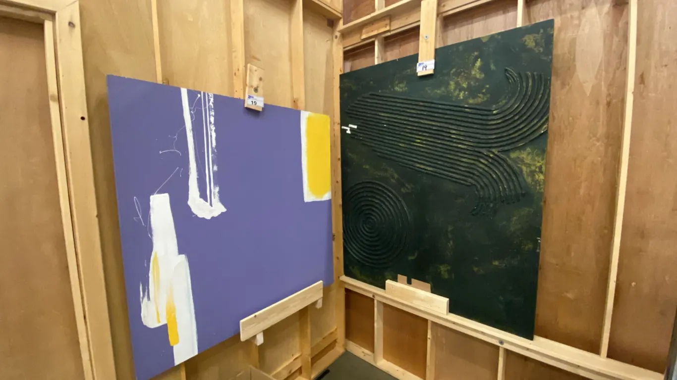 2 ORIGINAL ABSTRACT PAINTINGS ON BOARD - APPROX. 48" X 48" AND 60" X 48" *DAMAGE TO 1 PAINTING*
