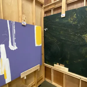 2 ORIGINAL ABSTRACT PAINTINGS ON BOARD - APPROX. 48" X 48" AND 60" X 48" *DAMAGE TO 1 PAINTING*