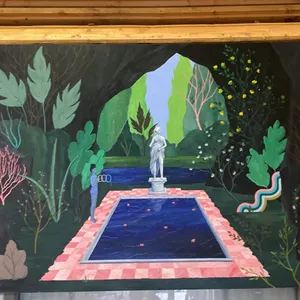 LARGE ORIGINAL OIL ON CANVAS PAINTING "NUDE STATUE BY THE POOL SCENE" - APPROX. 72" X 54"