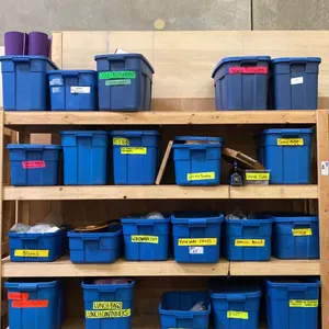5 SHELVES OF RUBBERMAID BINS FILLED WITH ASSORTED ITEMS - INSTRUMENTS, DISHWARE, GLASSWARE,