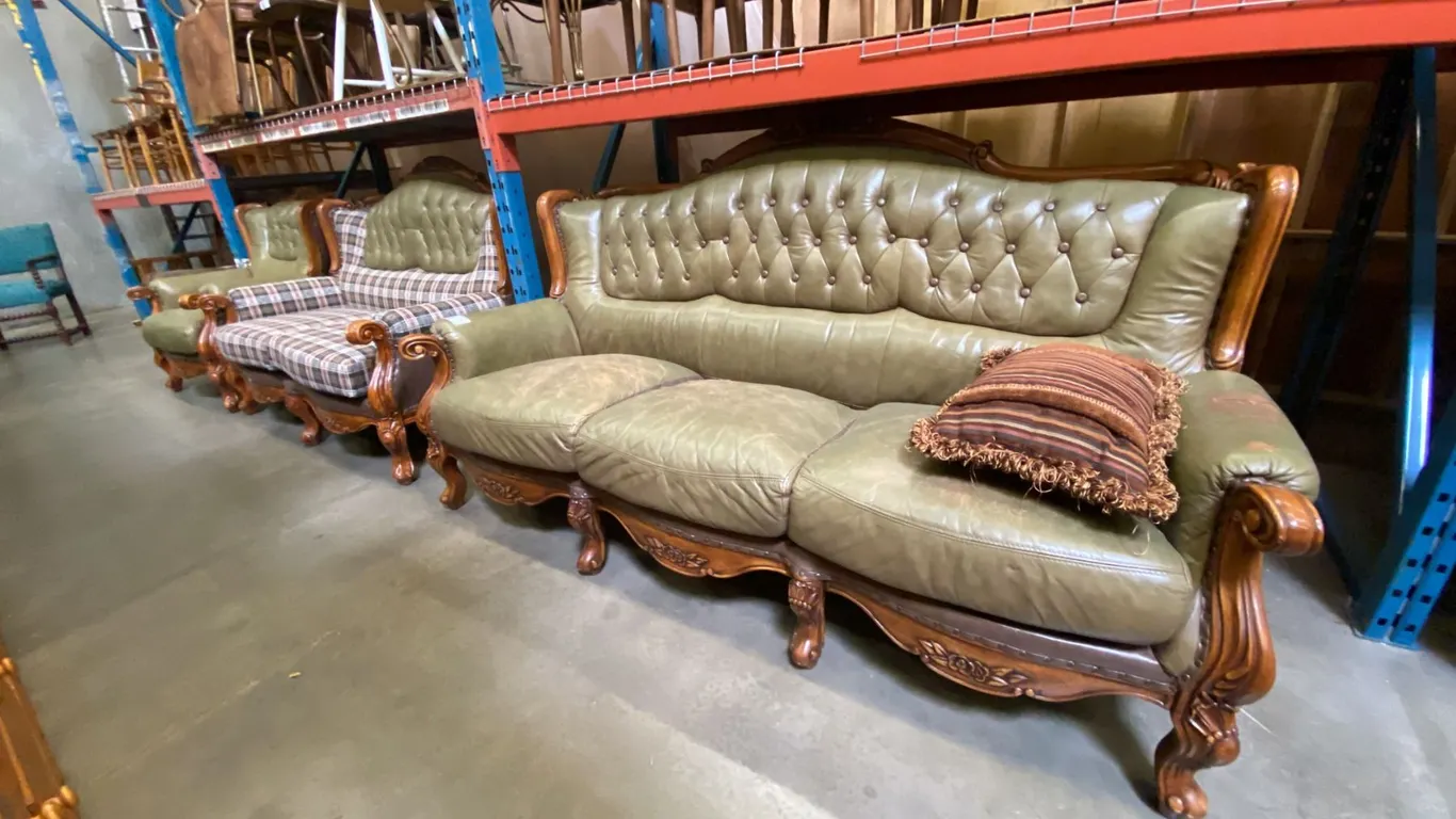 3 PCS. GREEN LEATHER UPHOLSTERED CARVED MAHOGANY SOFA, LOVESEAT AND CHAIR SET