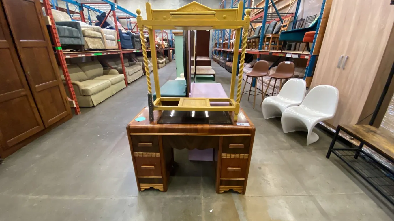 ANTIQUE WATERFALL FRONT WALNUT VANITY DRESSER (NO MIRROR) AND PAINTED YELLOW HALL STAND