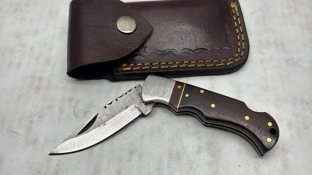 Handmade Damascus Steel Folding knife & sheath