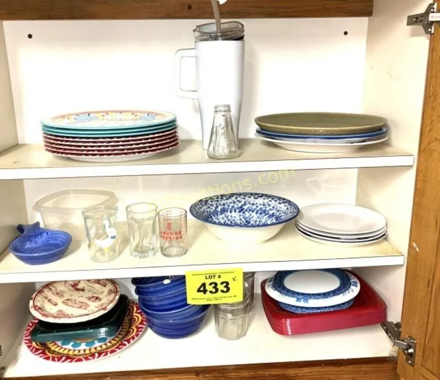 CABNET OF DISHES, PLASTIC PLATES, ETC