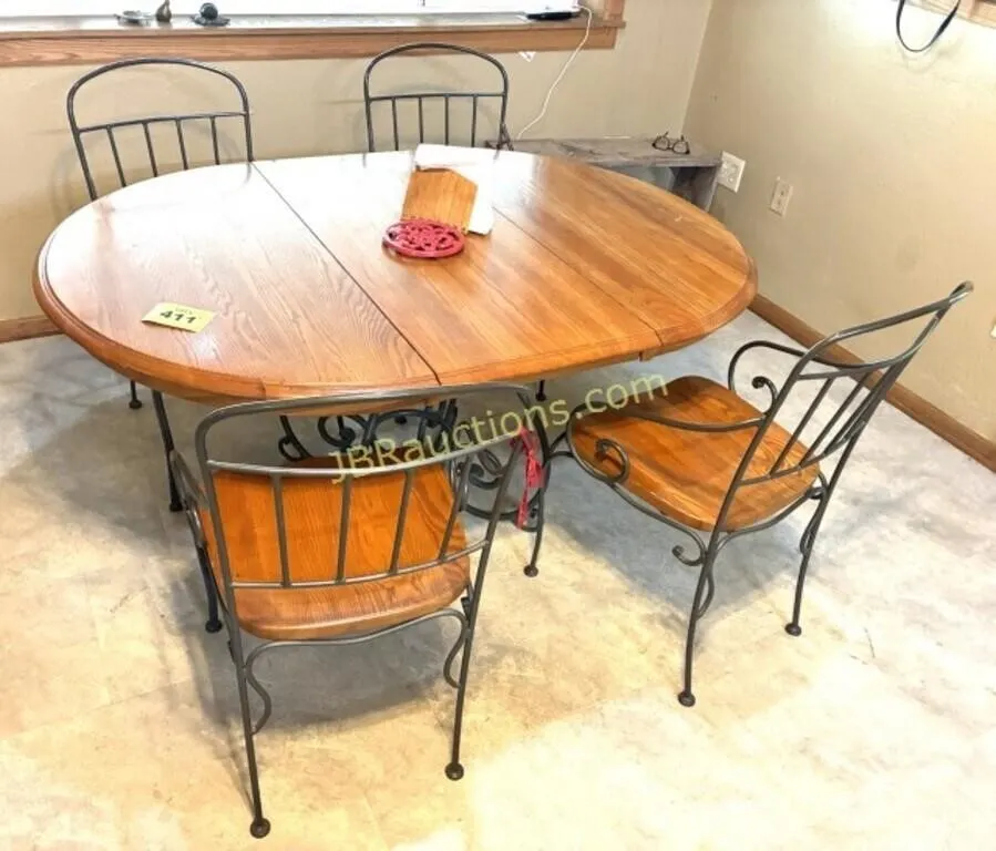 IRON AND WOOD DINING TABLE AND 4 CHAIRS, 1 LEAF