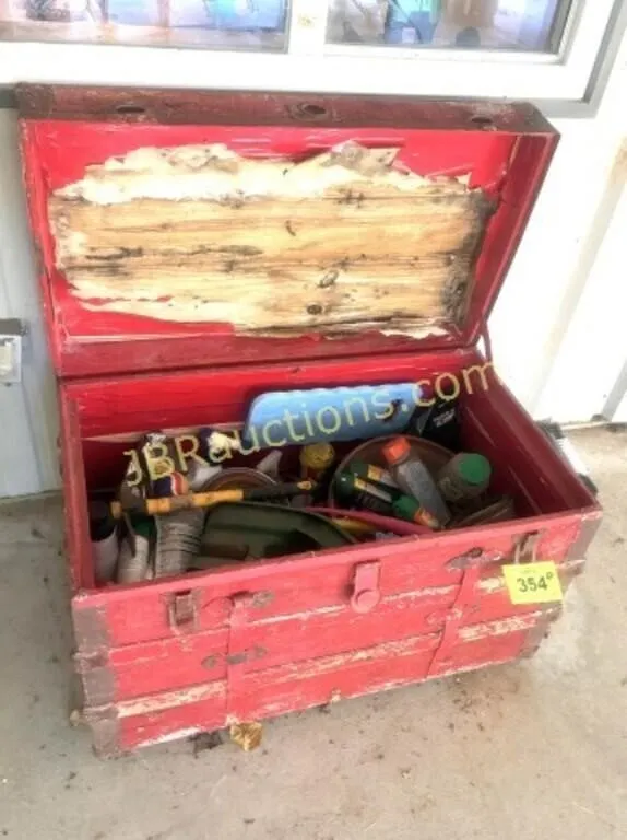 ANTIQUE TRUNK W LAWN AND GARDEN SUPPLIES
