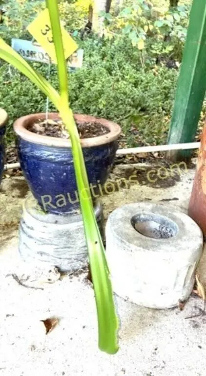 MED BLUE POTTERY PLANTER W 2 POTTERY STANDS