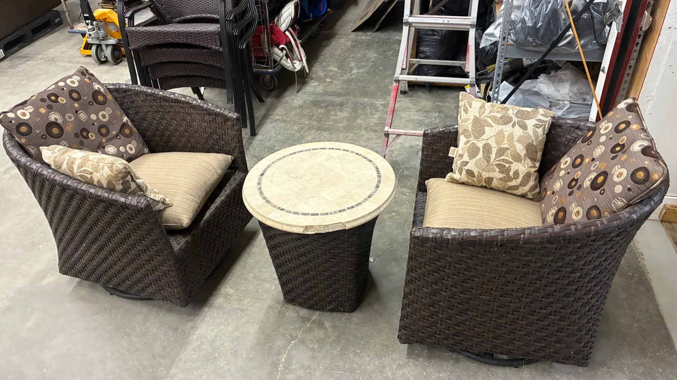 (2) Swivel Wicker Rocking Chairs, Wicker Table and Cushion (Damaged)