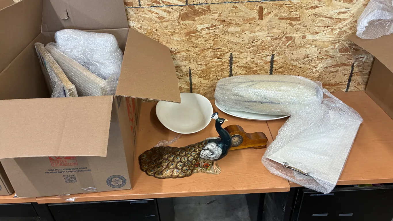 Glasses, Plates, Peacock Picture Frames and Mantel Clock