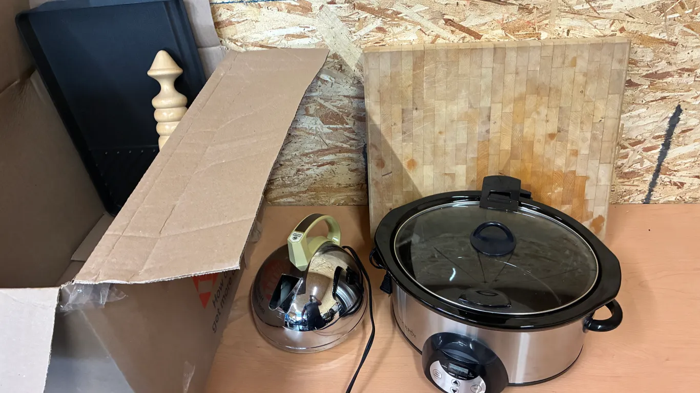 Crock Pot, Cutting Board and Kettle