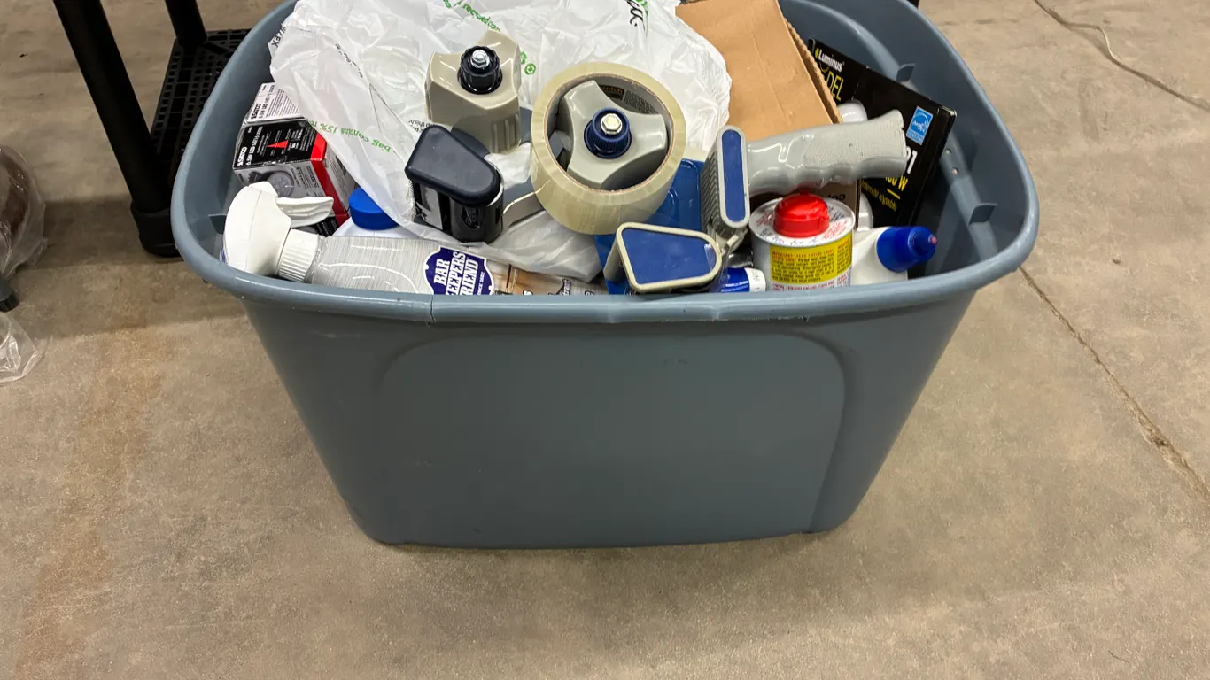 Tub of Lights, Cleaning Supplies and Hose