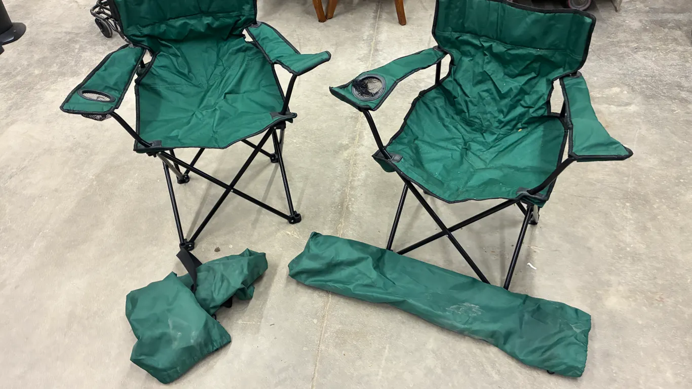 (2) Green Folding Camping Chairs with Covers