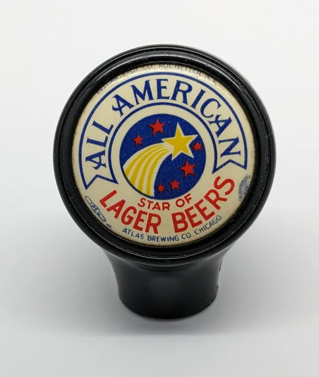 BALL TAP KNOB HANDLE ALL AMERICAN STAR OF LAGER BEERS ATLAS BREWING CHICAGO ILLINOIS (BASTIAN BROS)