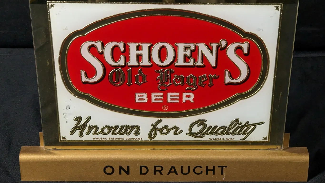 CASH REGISTER GLASS SIGN SCHOEN'S OLD LAGER BEER KNOWN FOR QUALITY ON DRAUGHT WAUSAU BREWING CO WAUSAU WISCONSIN