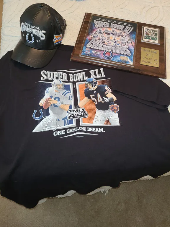 Super Bowl XLI Colts versus the Bears shirt, leather hat, and plaque