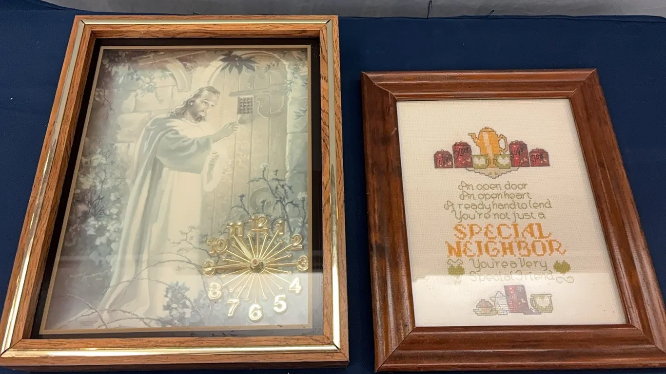 Framed clock and sign