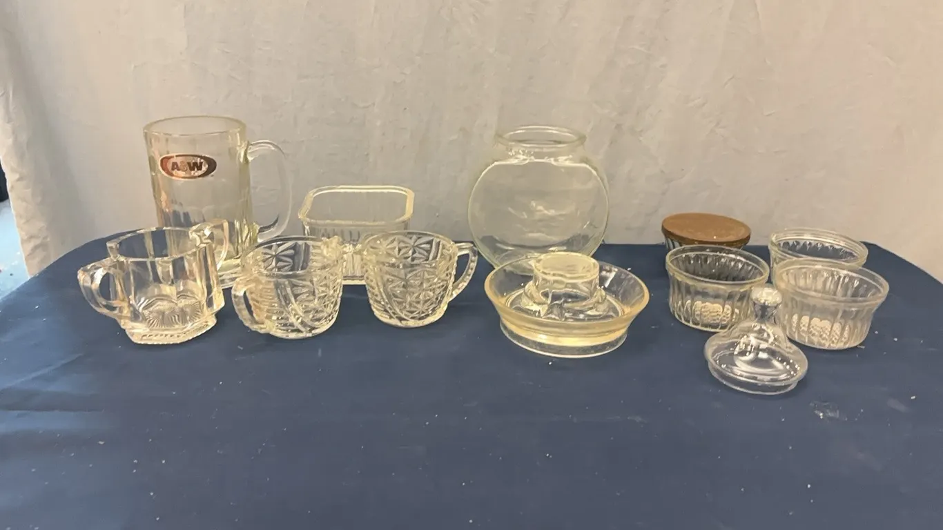 Glasses, bowls, and fish bowl