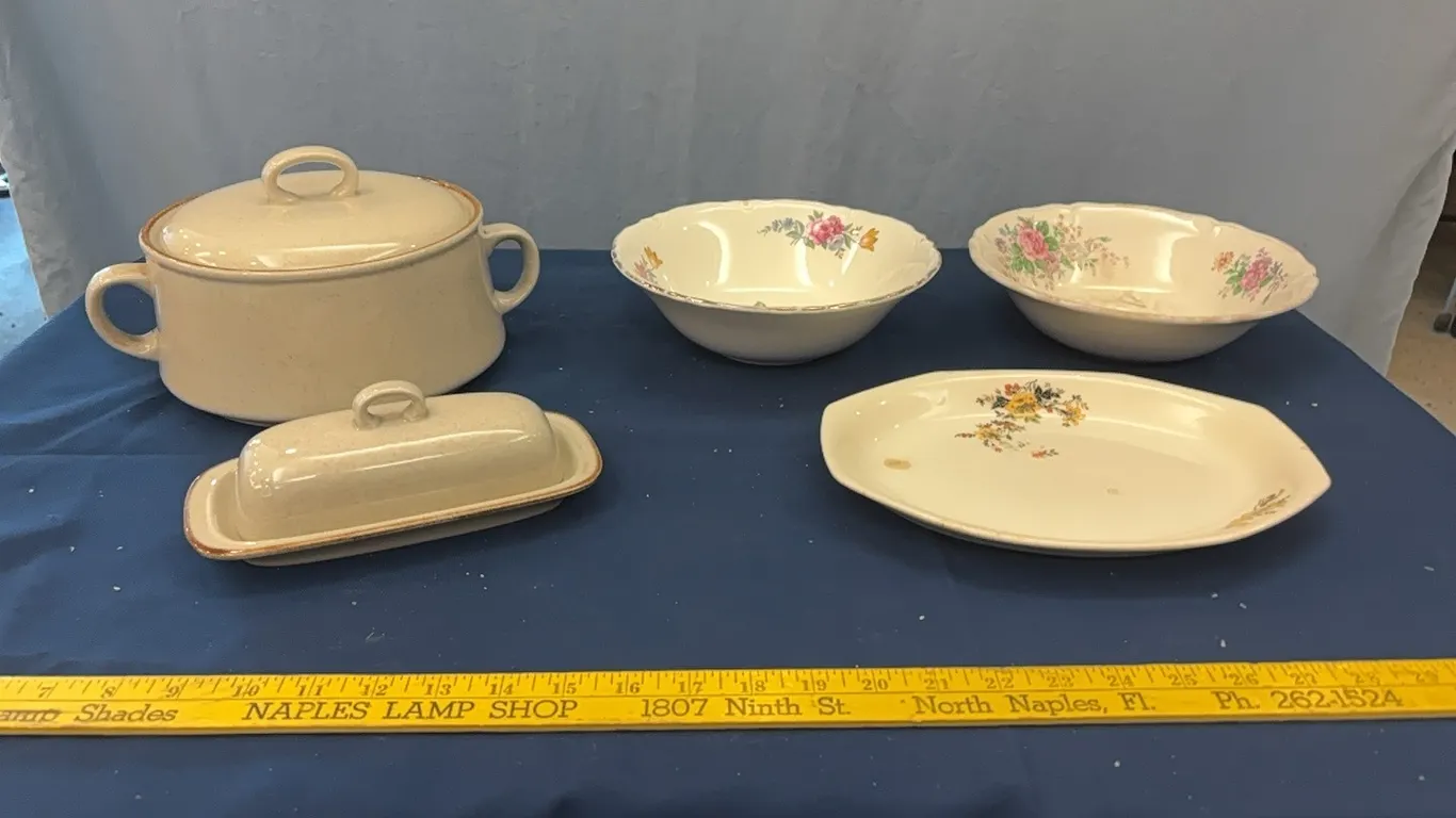 Bowls, casserole dish, and butter tray