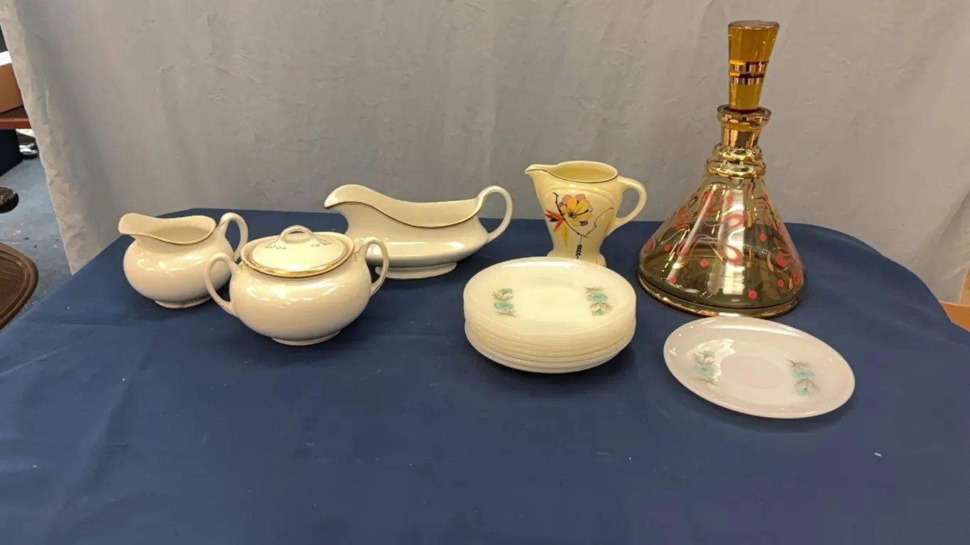 Decanter, pitchers, and plates