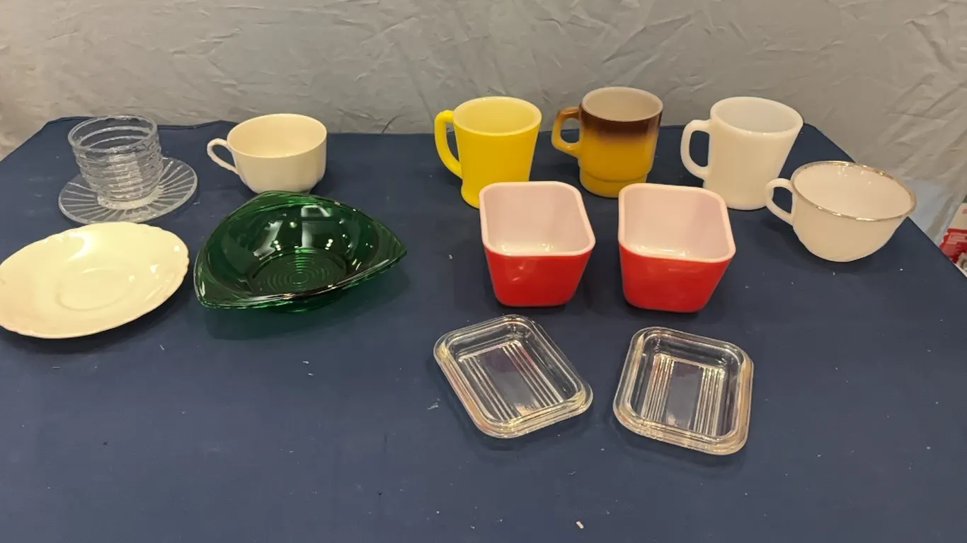 Pyrex dishes, fire kings cups, and trays