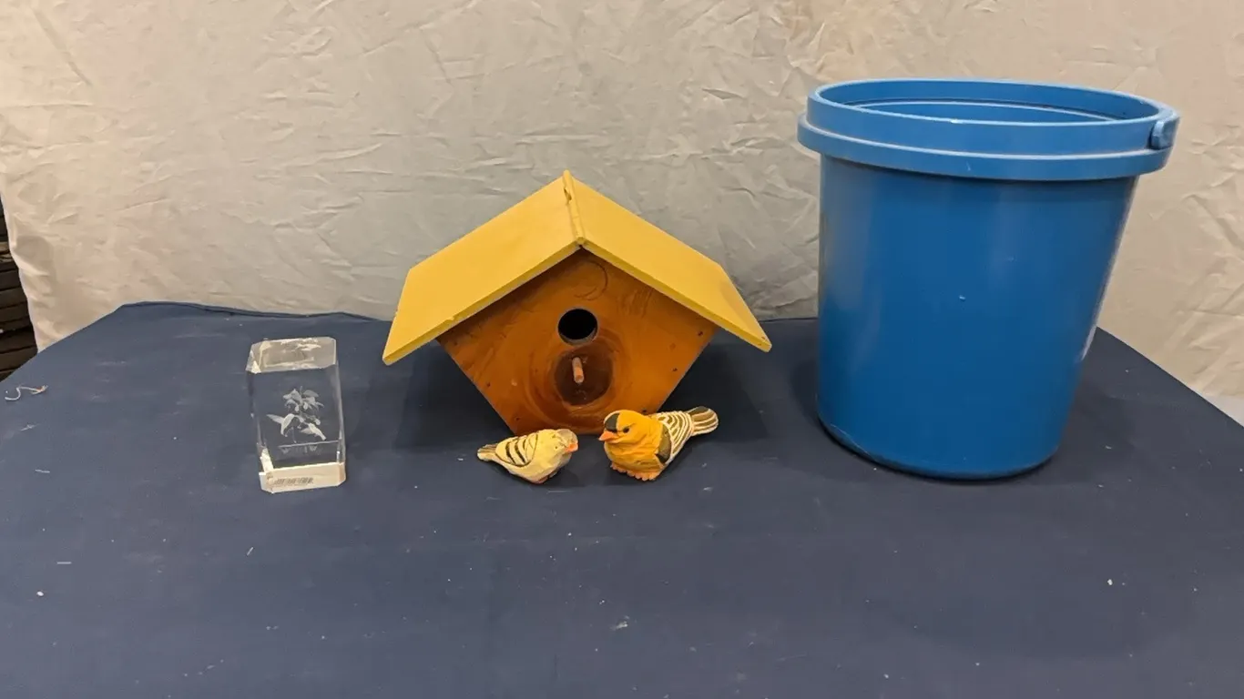 Bird house, glass decor, and kids blocks