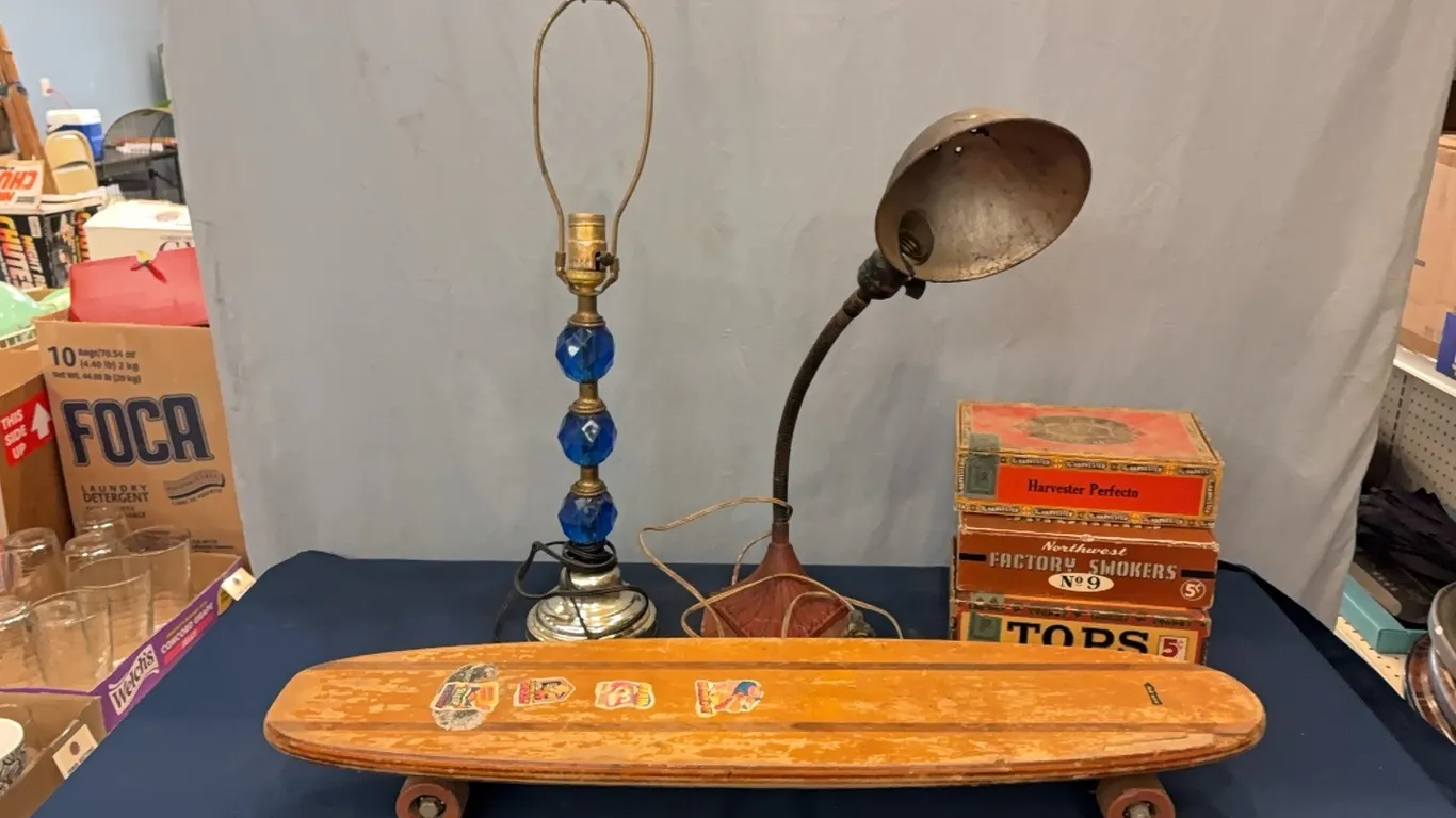 Antique Lamps, Cigar Boxes & Skateboard
